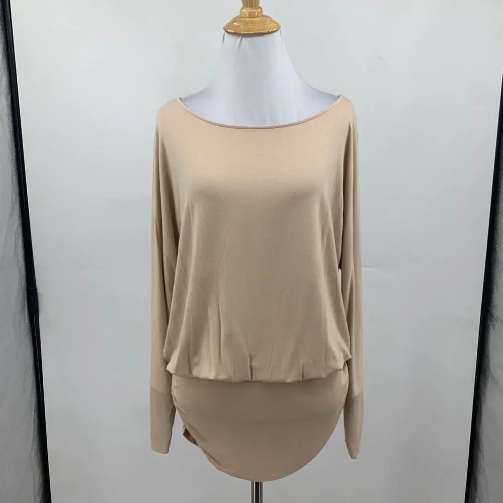 Boston Proper Top Womens S Small Champagne Wide Neck Blouson Ruched Long Sleeve - Picture 2 of 11
